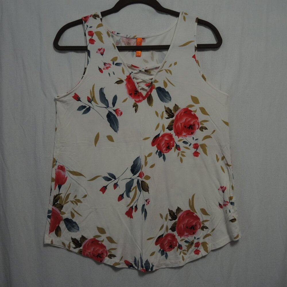 Feiersi Dressy Tank Top White with Red Rose Print Size Medium